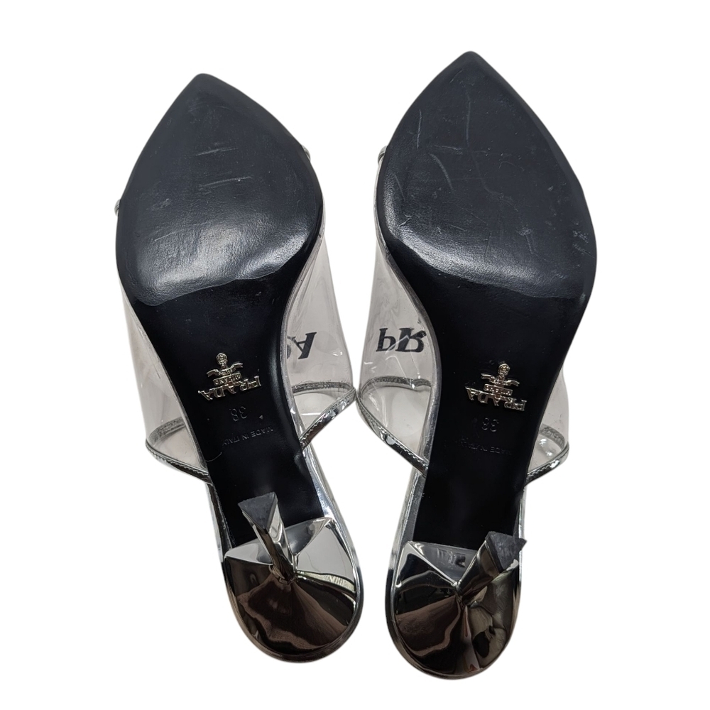 Prada PVC Pointed Plexiglass Metallic Triangle Logo Clear Sandal Mule Slides 38 - Picture 11 of 12